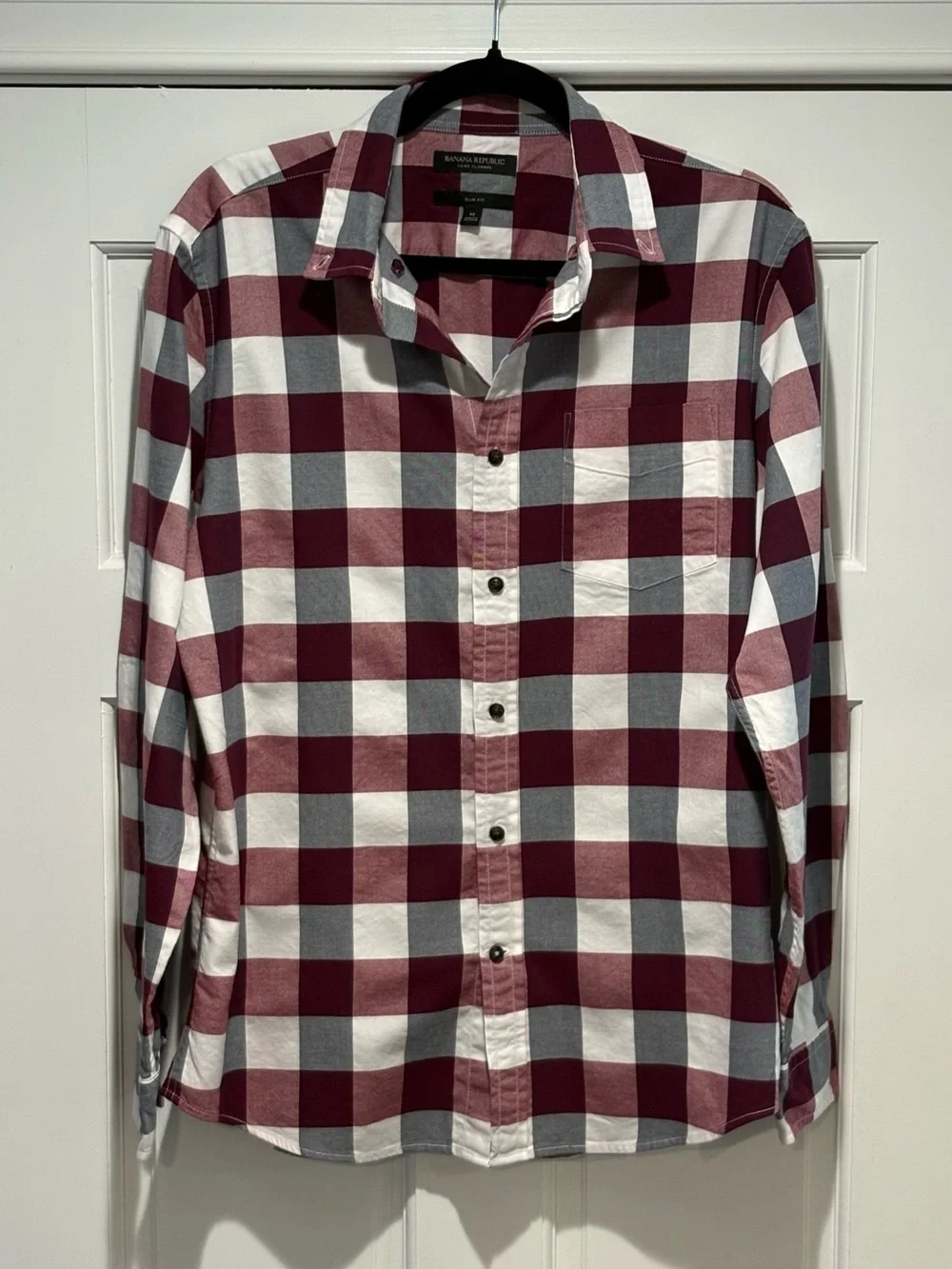 Banana Republic Mens MED SLIM FIT Burgundy& White Check Long Sleeve Button-Down